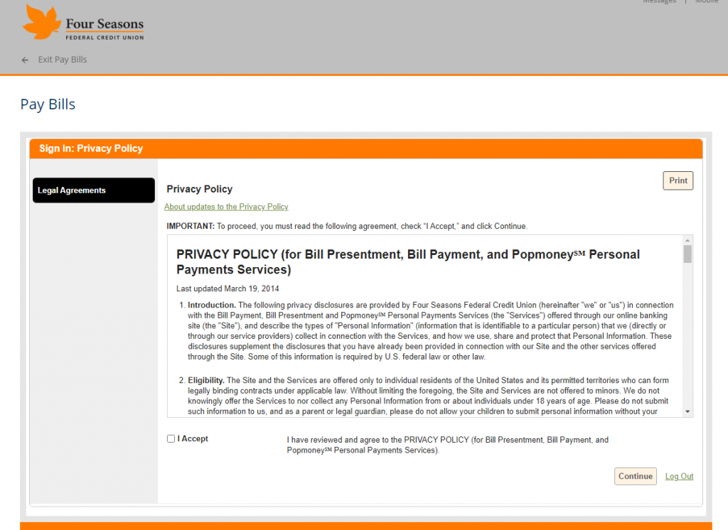 Screenshot showing the Bill Pay Privacy Policy.