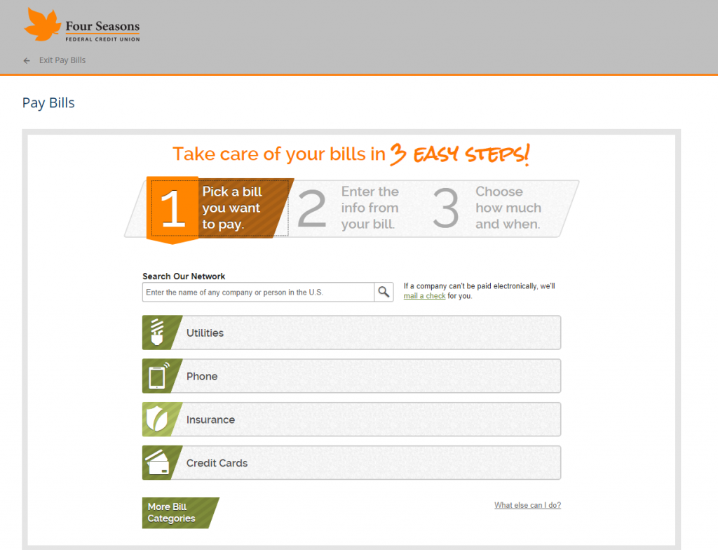 Screenshot showing the first step of Bill Pay setup.
