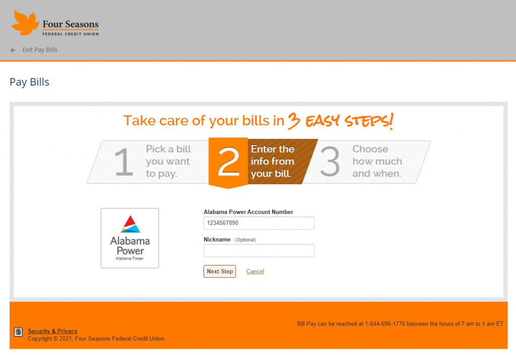 Screenshot showing the second step of Bill Pay setup.
