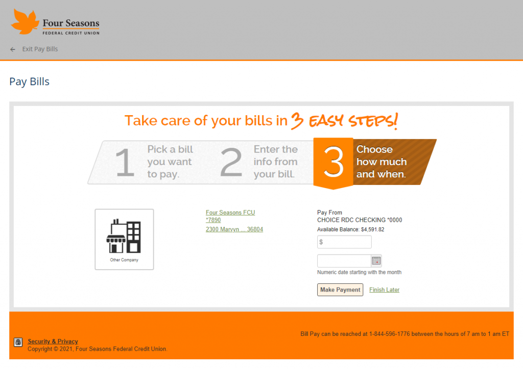 Screenshot showing the third page of Bill Pay setup.
