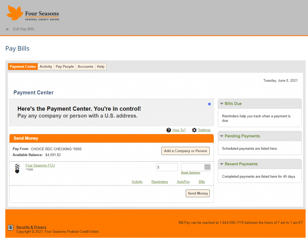 Screenshot showing the overview page for Bill Pay.