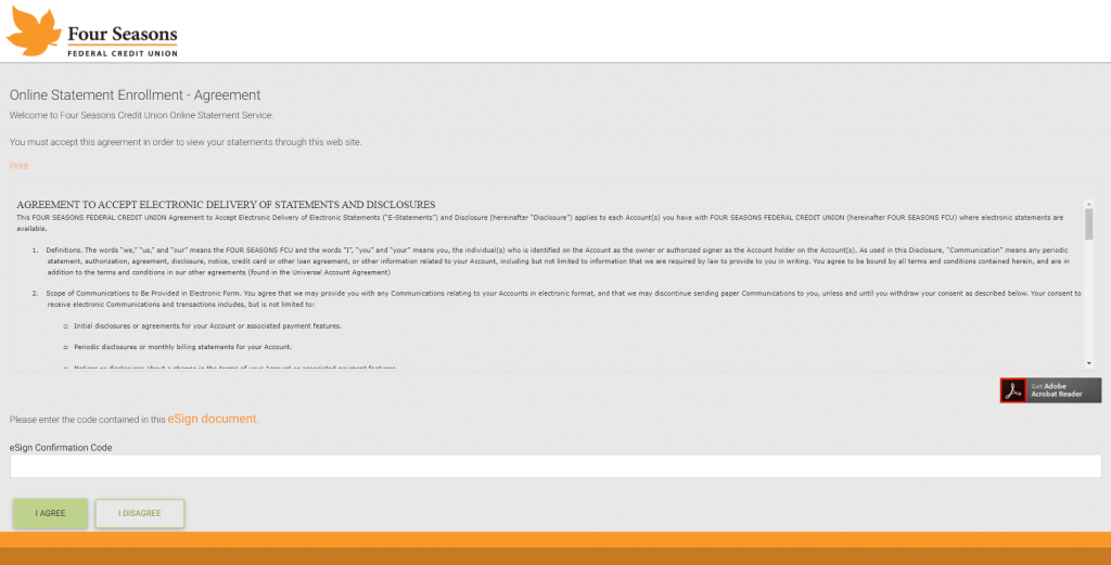 Screenshot of the eStatements portal showing the account agreement.