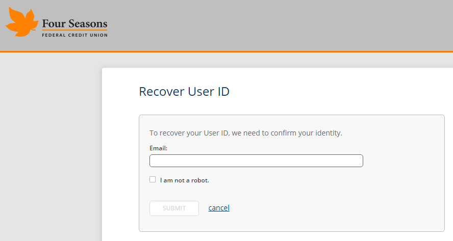 Screenshot showing the Online Banking User ID recovery page.